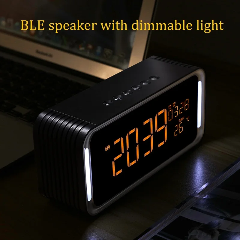 

Portable BLE speaker with dimmable nightlights, temperature display, dual alarm clock, FM radio, big LED display, fashion design