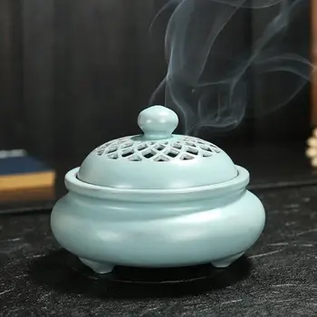 

Chinese Buddha Ceramic Incense Burner Hollow Cover Smoke Incense Holder Handmade Censer For Buddhist Home Office Decoration Zen