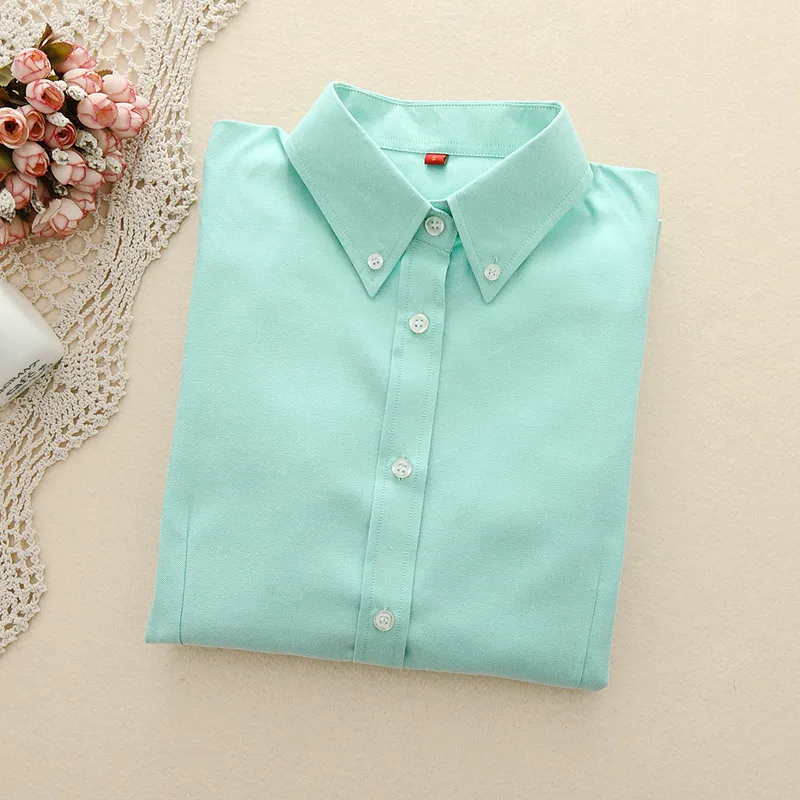 Оксфордские Женские топы и блузки офисные рубашки женские хлопковые белые блузки с длинным рукавом Blusa Feminina тонкие женские топы одноцветные - Цвет: Зеленый