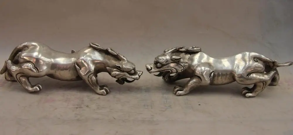 

China Palace White Copper Silver Evil Foo Dog Lion brave troops beast kylin Pair
