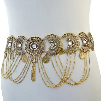 Gypsy Afghan Coin Ethnic Waist Belly Chains Hollow Moon Crystal Flower Long Tassel Moroccan Belts Indian Sexy Body Chain Jewelry