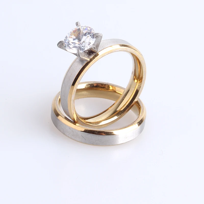 free shipping 4mm gold border Silver brushed Lovers Zircon 316L Stainless Steel wedding rings for women men wholesale
