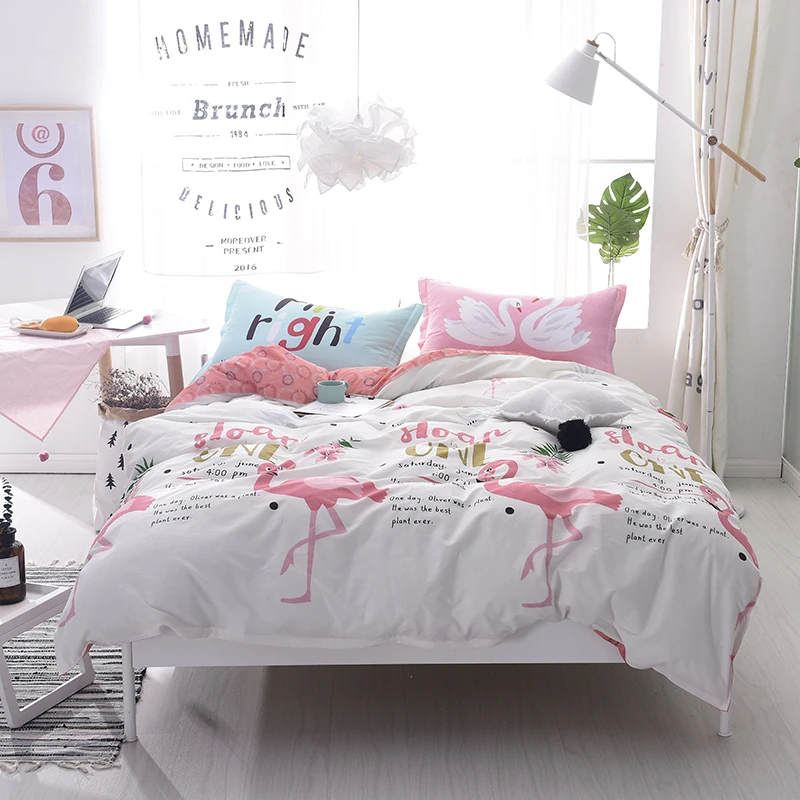 

Red Flamingo Cartoon Pattern Bedding Sets 4Pcs Geometric Pattern Bed Linings Duvet Cover Bed Sheet Pillowcases Cover Set Cotton