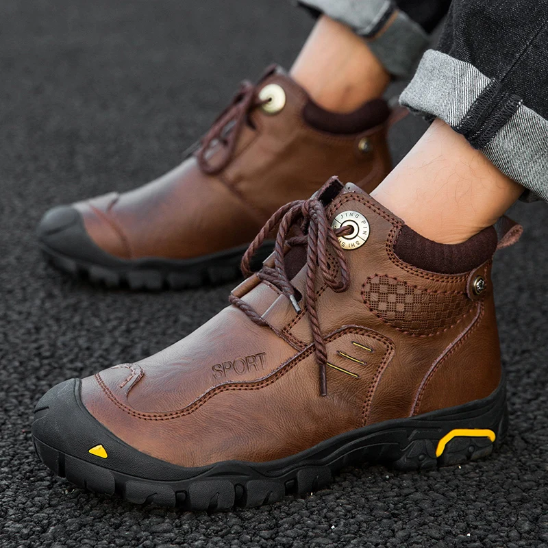 Genuine Leather Men Autumn Winter Warm Plush Work Boots Ankle Riding Boots Outdoor Working Snow Boots Men Oxfords Shoes