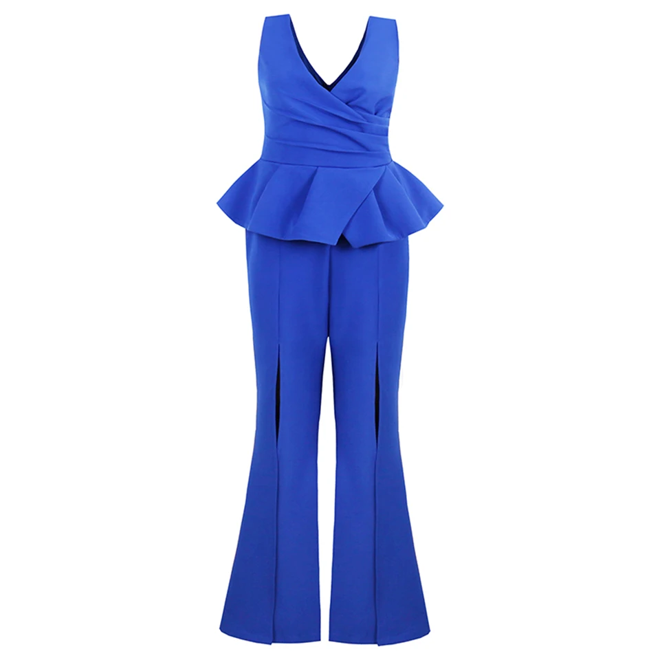 Woman Modern Blue Jumpsuits Ruffle Deep V Neck Split Sexy Flared Pant