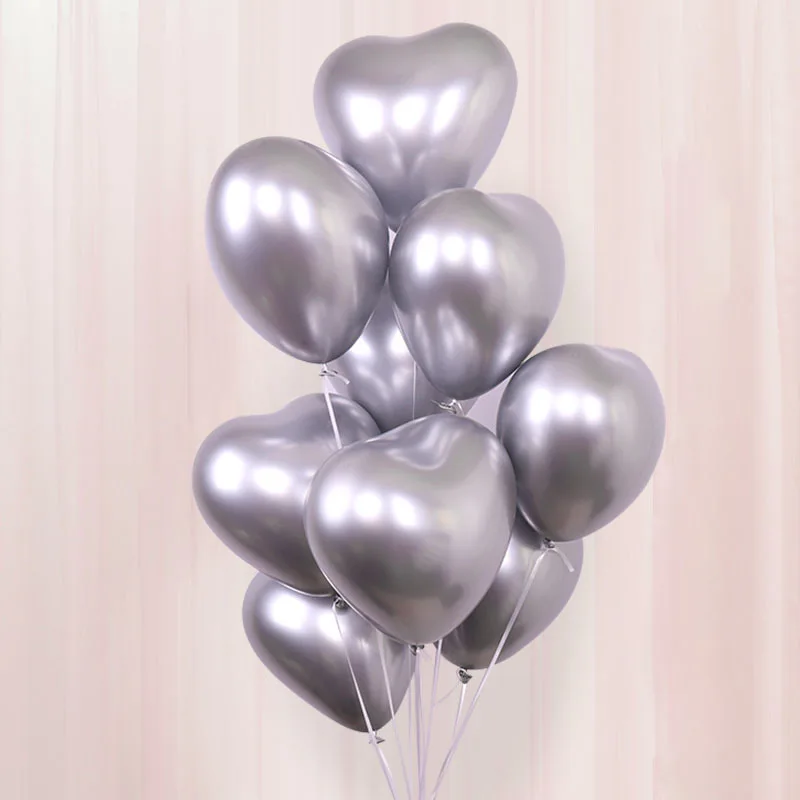 10pcs/lot 12inch Heart Glossy Metal Latex Balloons Thick Metallic Ballon Inflatable Air Globos Valentine's Day Party Decorations - Color: Silver