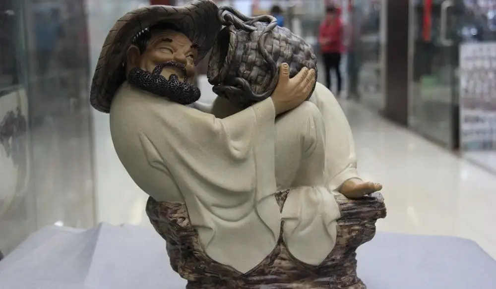 China WuCai Porcelain Pottery Feng Shui Old Fisherman Baskets catch fish Statue