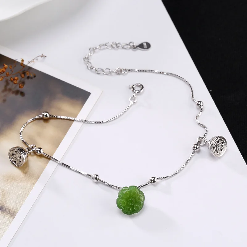 

925 sterling silver lotus green jasper anklets silver handmade vintage romantic natural jasper adjustable anklets for women gift