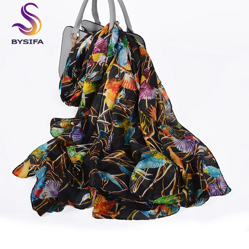 Женский шёлковый шарф черный белый золотистый длинный 100% x 180 см|brand silk scarf|fashion