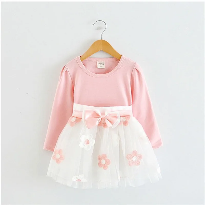 

Cute Baby Flower Long Sleeve Dresses Autumn Clothing For Kid Girls Bow In Sash Tutu Cotton Dresses for 1-2 years Toddler Clothes
