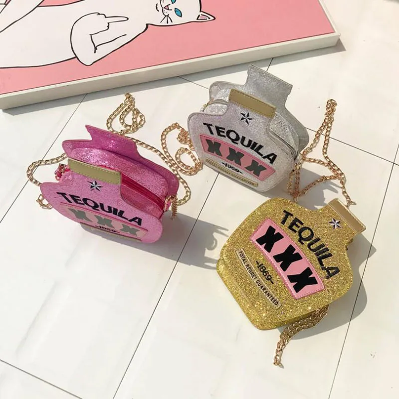 

50pcs/lot New Fashion Style Tequila Bottle Bag Messenger Bag Handbag Women Girl Shoulder Bag Wallet Pouch Party Bag Sequins