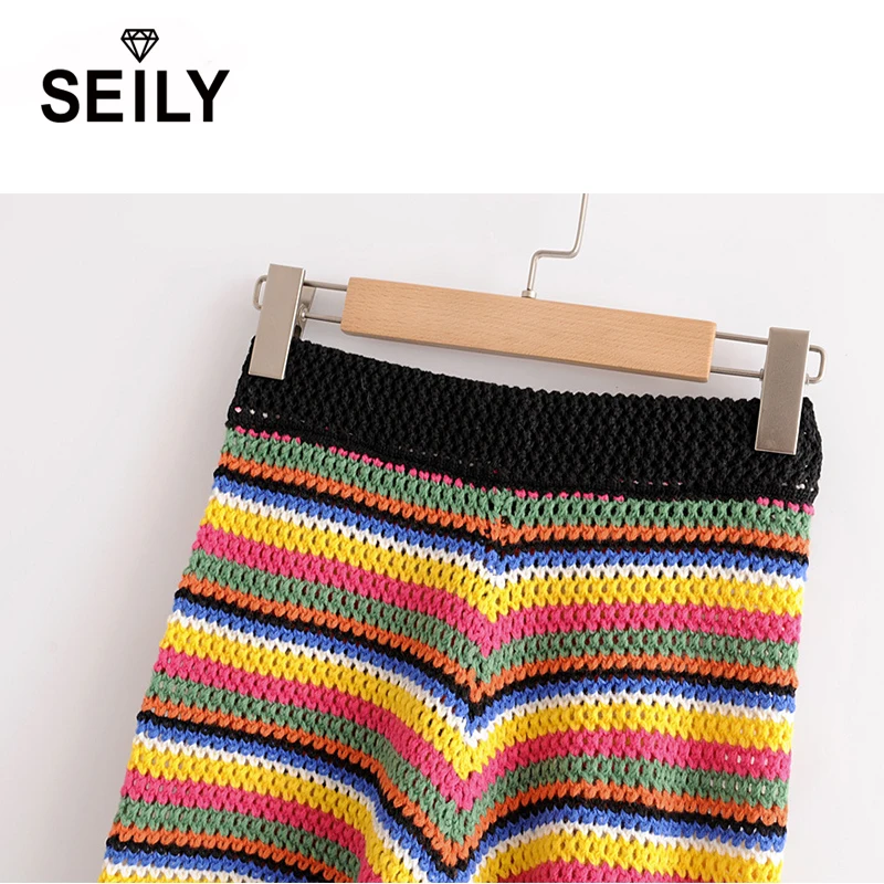 Seily Handmade Colorful Rainbow Striped Knit Wool Elastic Waist Loose Shorts Women Summer High Waist Wide Leg Short Femme Corto Seily Handmade Colorful Rainbow Striped Knit Wool Elastic Waist Loose Shorts Women Summer High Waist Wide Leg Short Femme Corto