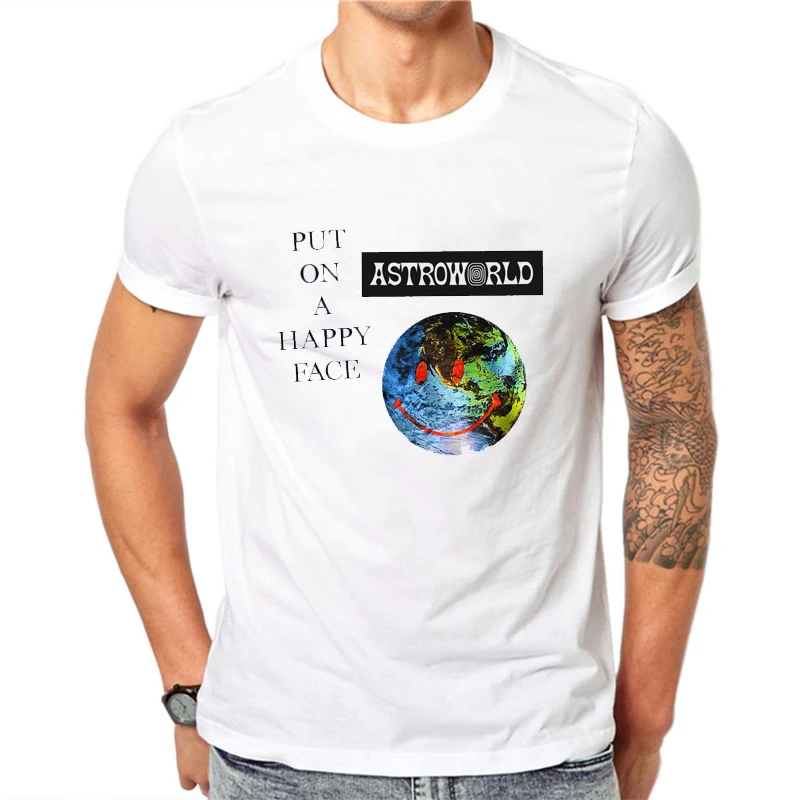 

Astroworld PUT ON A HAPPY FACE album Mens 2019 fashion Brand T Shirt O-Neck 100% cotton Tops Tee Environmental Tshirt men