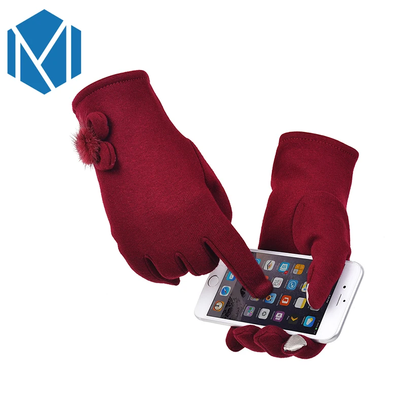 

Fashion Pompon Hairbows Female Gloves Winter Full Finger Fur Mittens Cashmere Click Screen Sence Gloves Handschoenen Rekawiczki