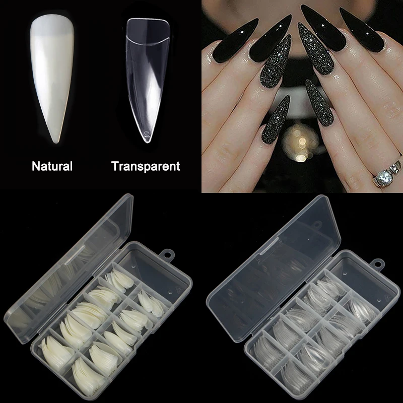

100pcs/box Half Cover Stiletto Nails Long Acrylic Oval Sharp Ending Fake Nails French Nail Art Tips Salon Manicure Tools