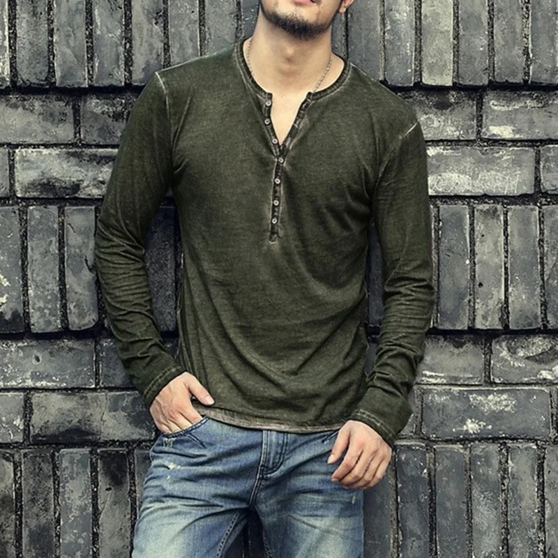 

New 2020 Oeak Vintage Collar Tee Shirts Casual Mens T-Shirts Long Sleeve Button Bottoming Old Color Cardigan T Shirt