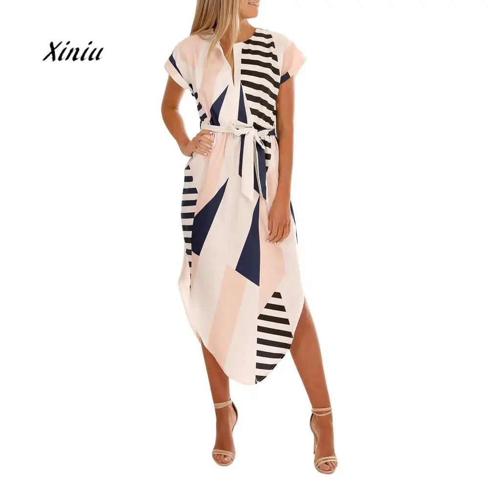 

2018 Geometric Print Dress Women V Neck Short Sleeve Woman Summer Dresses Casual Sashes Robe Midi Dress Ladies Elegant Vestidos