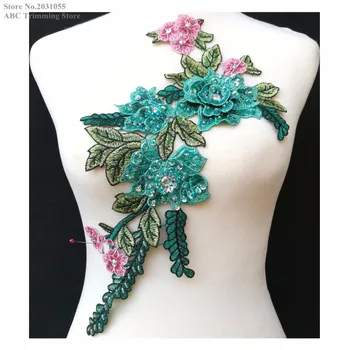 

New Handmade Teal Blue Beaded Sequined Stoned 3D Flower Embroidery Patches Water Soluble Lace Appliques Collar 5pcs/lot TBNC139F