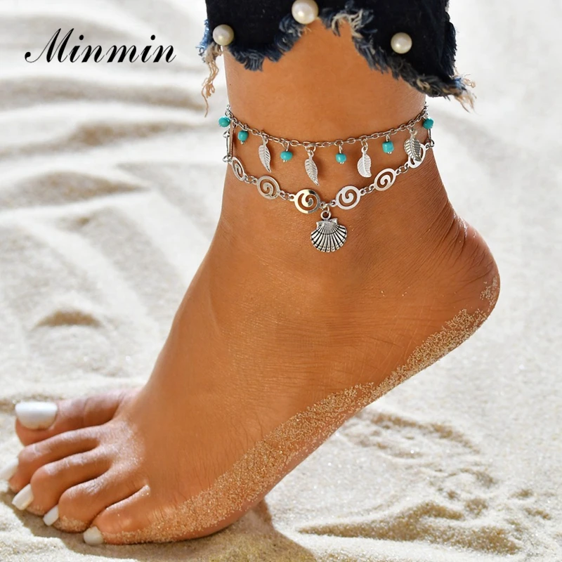 

Minmin Boho Multi Layered Anklets for Women Shell Tortoise Leaf Pendant Beads Leg Foot Charm Bracelets Beach Jewelry 2019 MSL413