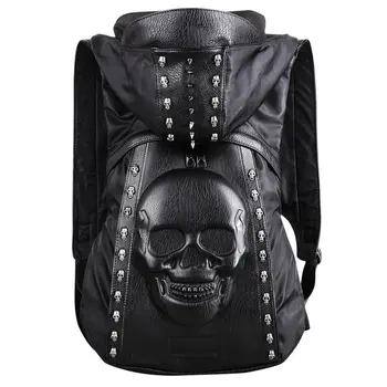 

New 2019 Fashion Personality 3D Skull Leather Backpack Rivets Skull Backpack With Hood Cap Apparel Bag Cross Bags Hiphop Man