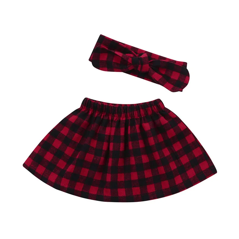 2Pcs Infant Toddler Girls Baby Plaid Skirt+Headband Outfit Set