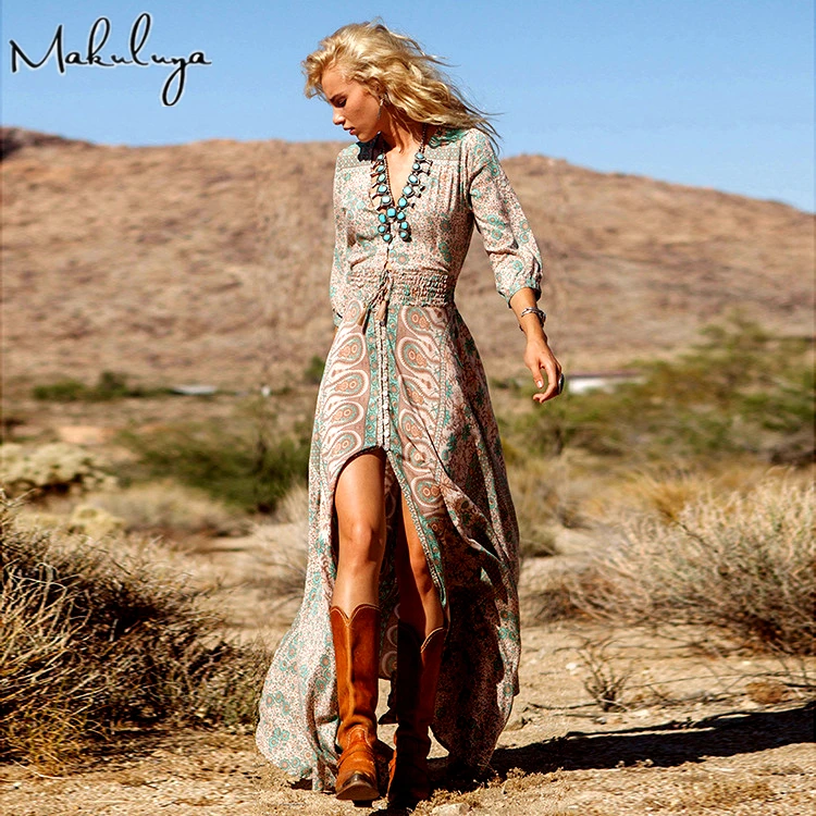 

Makuluya Deep V-neck Print Maxi Bohemia Loose Vintage Tassel Summer Autumn Women Long Dress 3/4 Sleeve Dresses Female QW