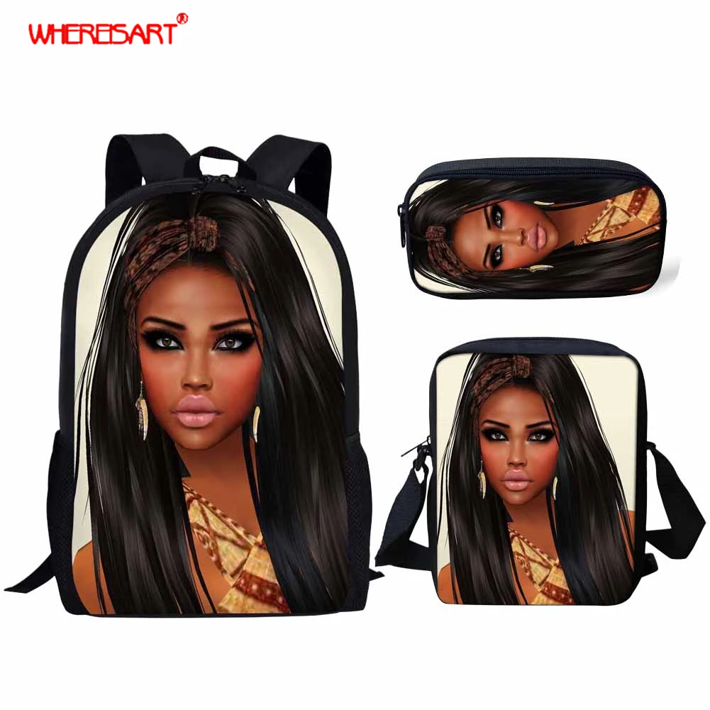 

WHEREISART Teenager School Backpacks for Girls Adolescence Student Backpack Female for noteboot Waterproof Black Art African Bag
