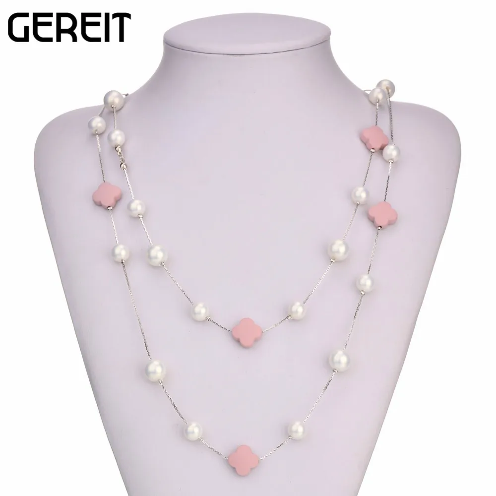 GEREIT Jewelry Long Chain Fashion Cute Pink Clover Pendant Necklace