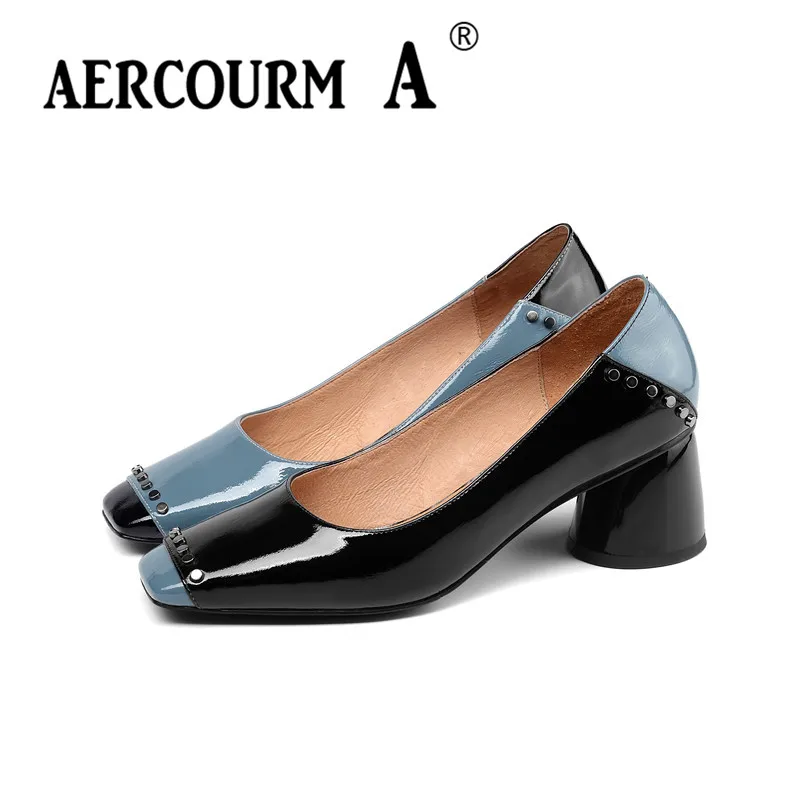 

Aercourm A 2019 Women Rivet Mixed colors pumps Ladies cow patent Leather Shoes Square Heel Pumps New Spring blue black Shoes