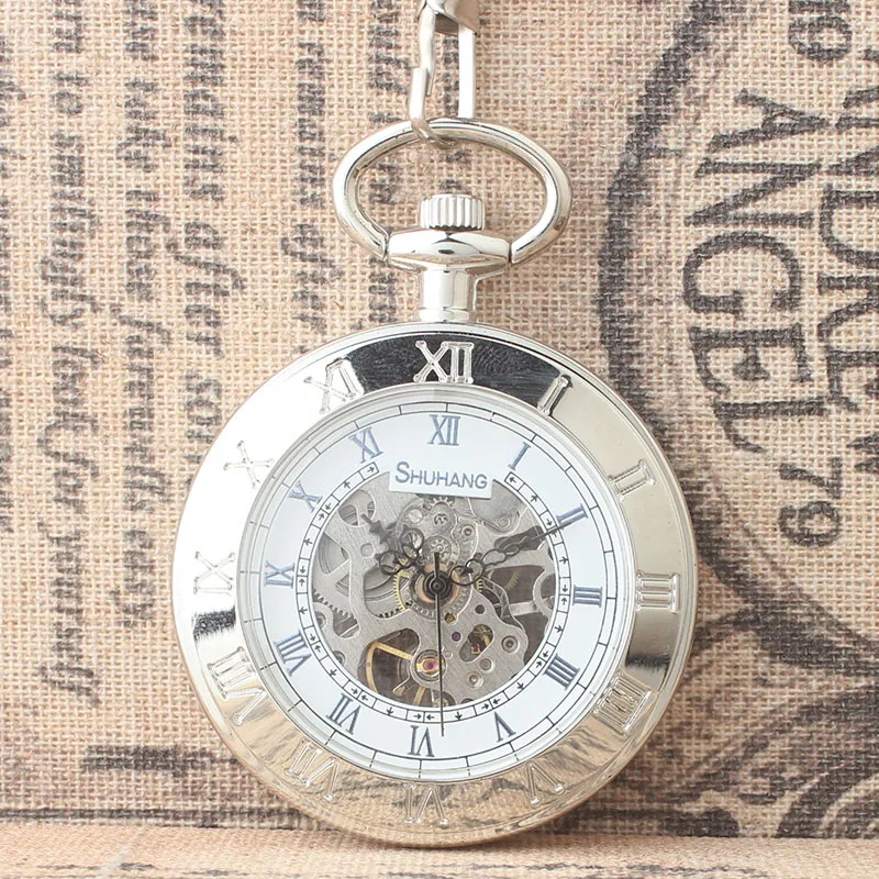 10pcs/lot Steampunk Classic Silver Skeleton Mechanical Pocket Watch White Roman Dial No Cover