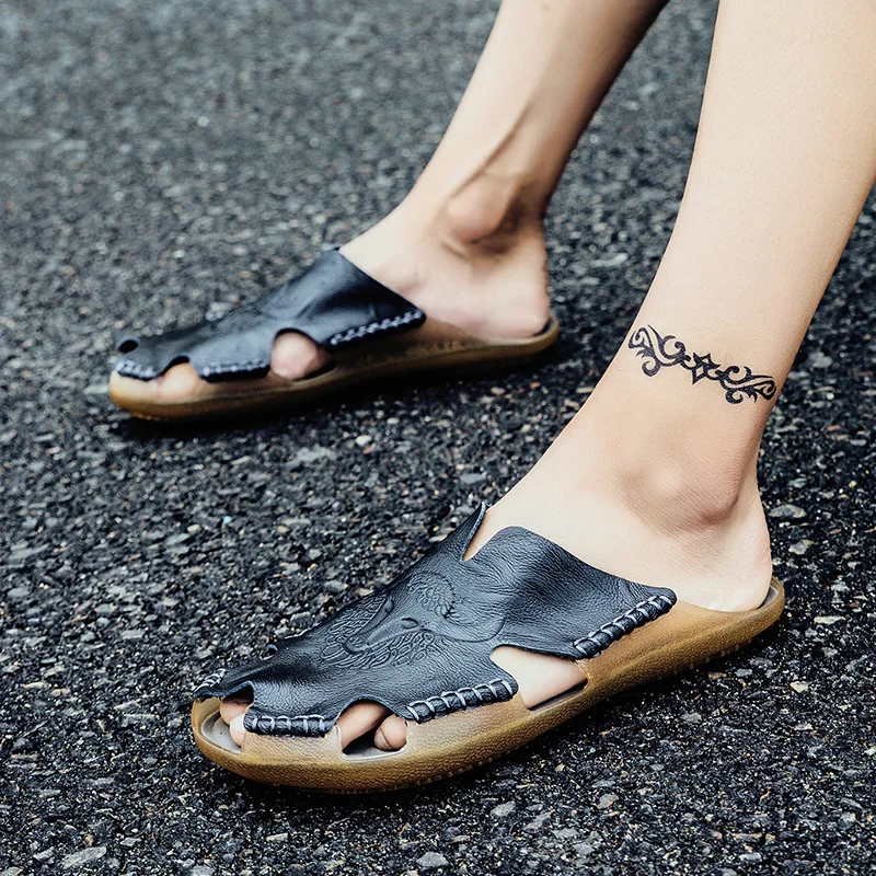 GLAZOV 2019 New Fashion Summer Shoes Men's Slippers Genuine Leather Beach Sandals Men Casual Shoes Flip Flops Big Size 38~46
