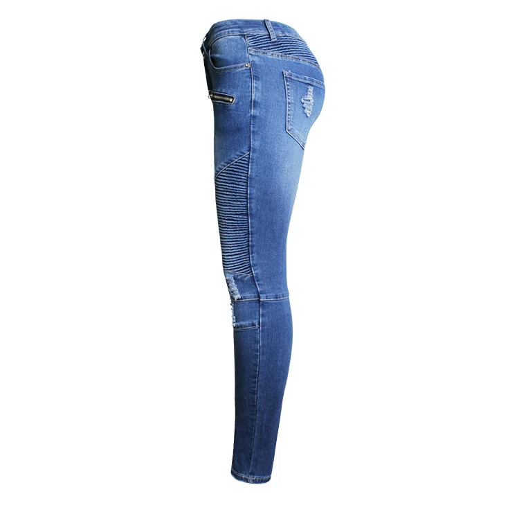 Sokotoo женские Синие рваные обтягивающие байкерские джинсы с высокой талией плиссированные Сращенные штаны-карандаш стрейч из денима