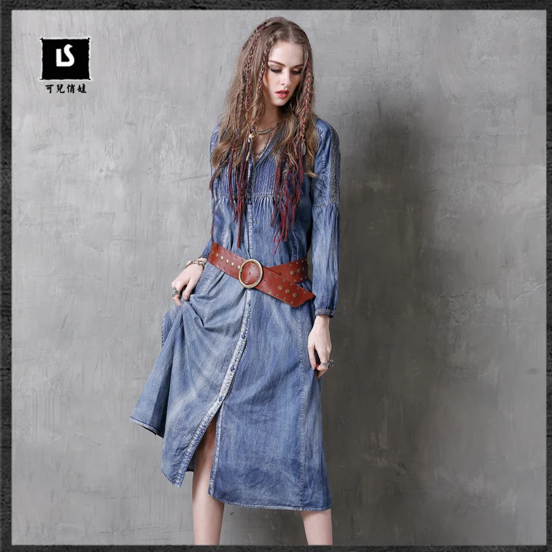 

Women Clothing 2017 TaYingLou Spring V-Neck Lace Denim Dresses Vintage Patchwork Maxi Dress A8165