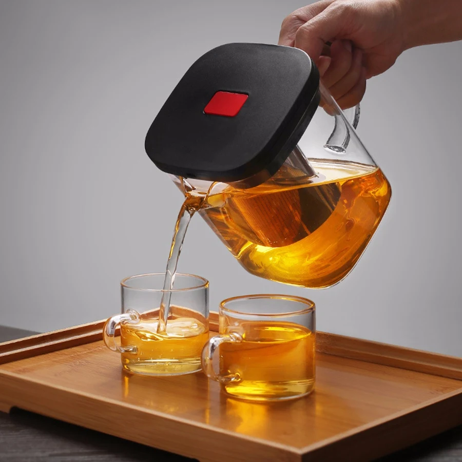 Transparent Glass Square Teapot With Stainless Steel Infuser Heat Tea Strainer Teapot Set Tool