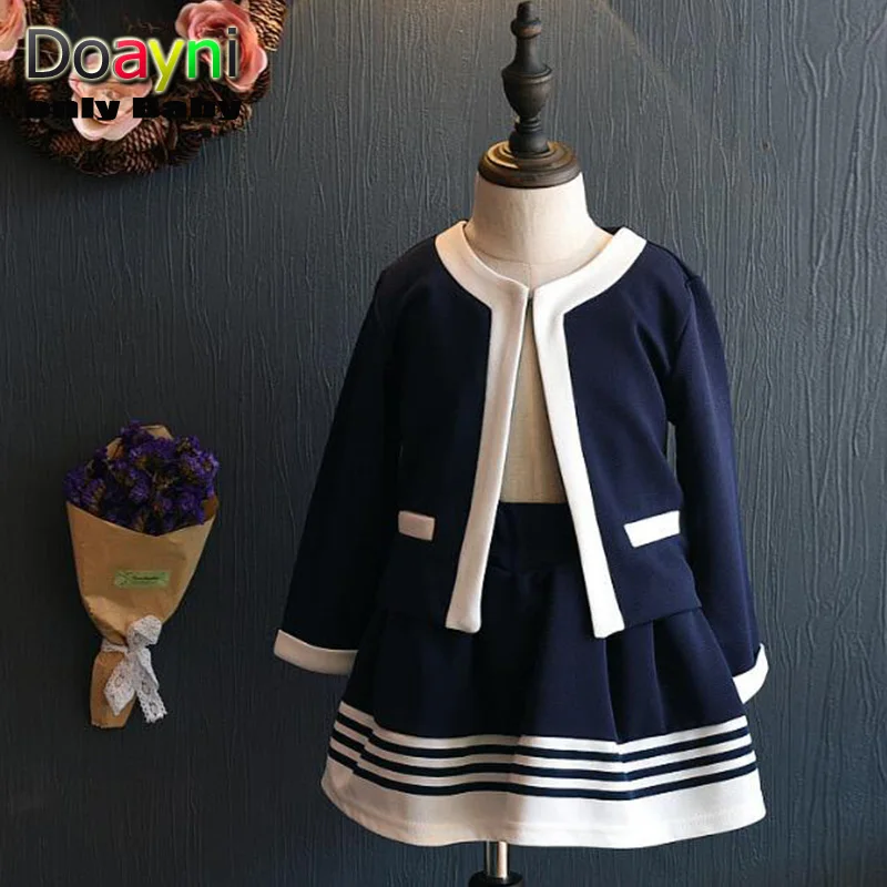 

Doayni Baby Girls Elegant Patchwork Suit Dress Two Pcs Sets College Wind Single Dark Buckle Kids Dress fit for 100 to 130Height