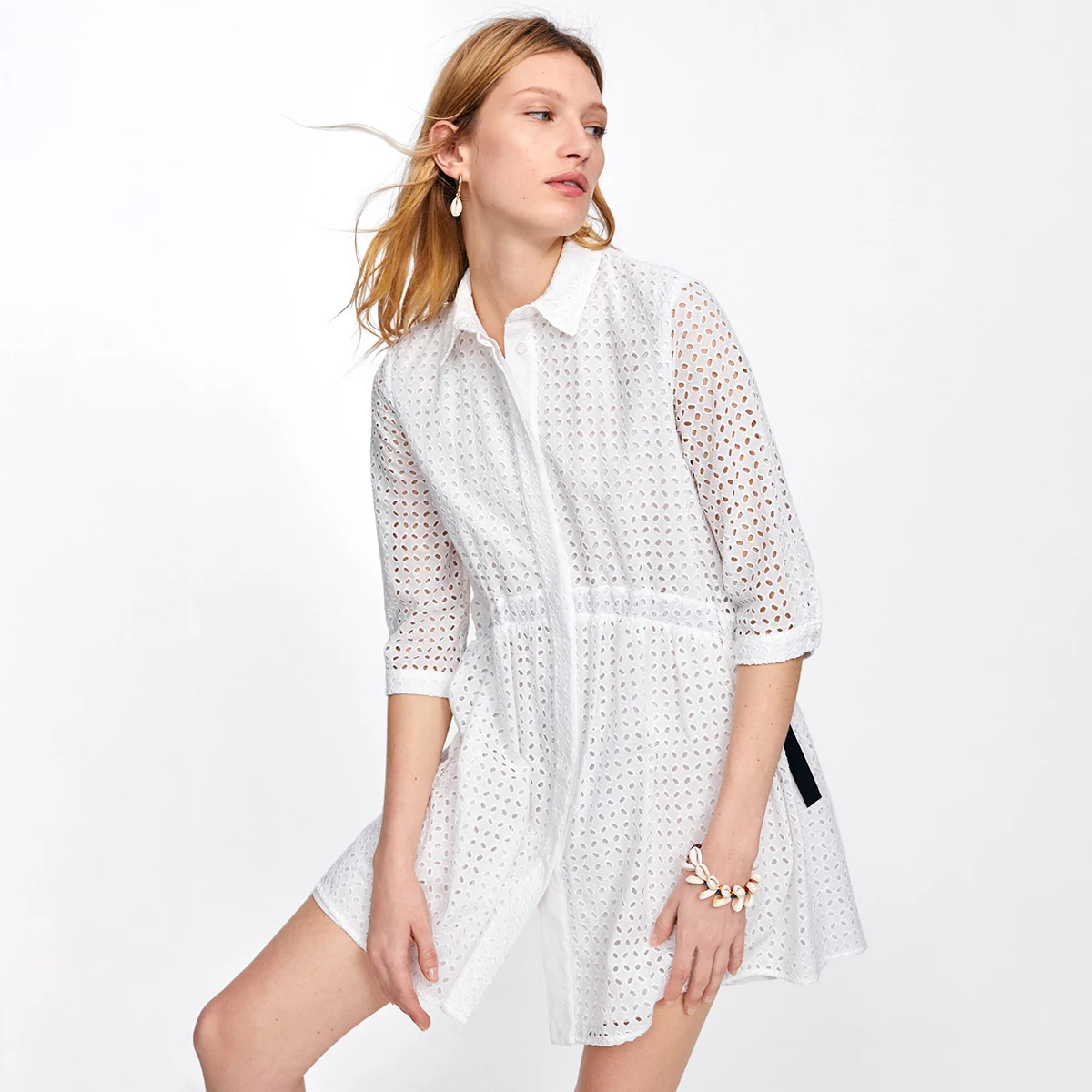 

Jastie Hollow out Embroidery Dress with Tie Waist Boho Chic Dresses Turn Down Collar 3/4 Sleeve Spring Mini Dress Women Vestidos