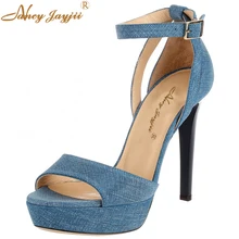 Летние босоножки из джинсовой ткани женские пикантные туфли на высоком каблуке 12 см, с ремешком и пряжкой, модельная и офисная обувь большой размер 16