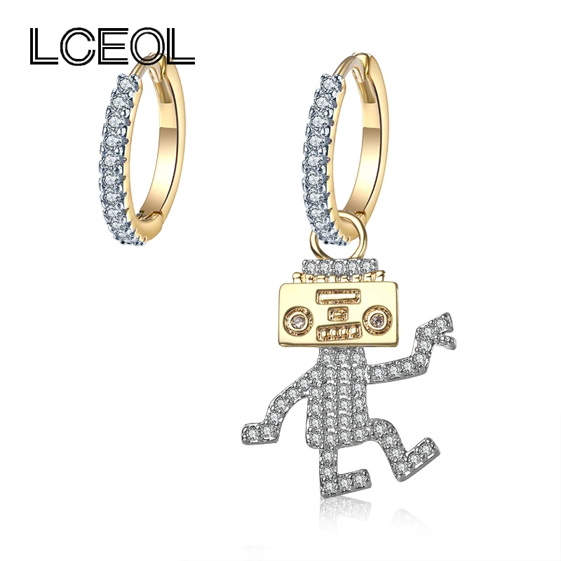 

LCEOL New Style French Brand Jewelry Cute Robot Earrings Zircon Inlay Earring Gift Jewelry Asymmetric Transformer Earring