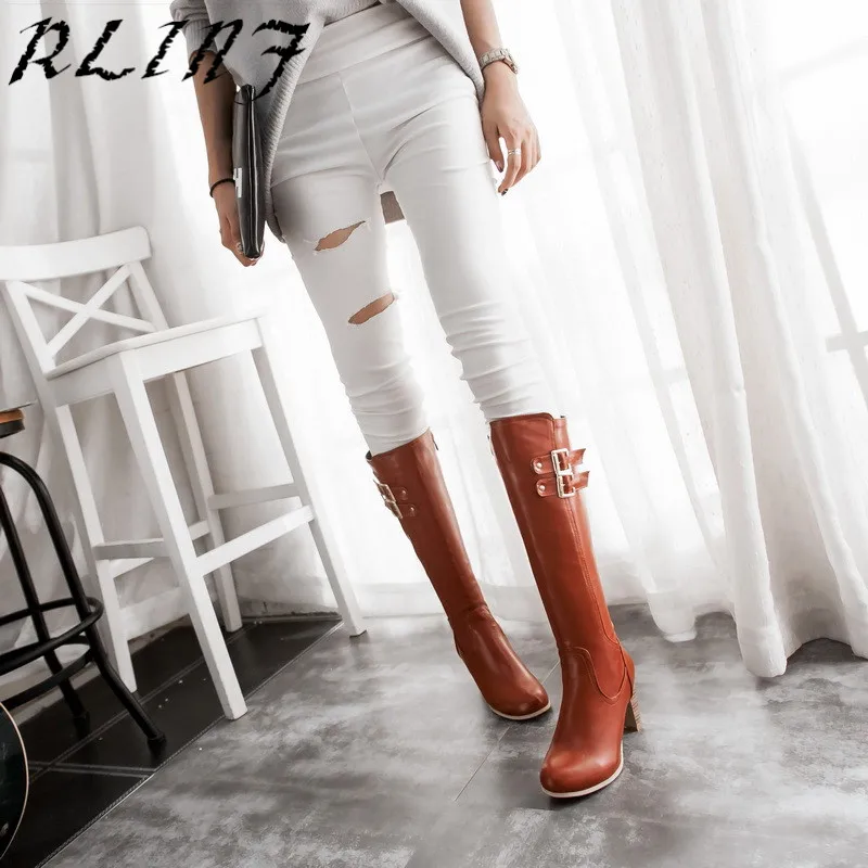 RLINF Thick High Heel High Boots Women with Buckle Long Boots Ladies Knee High Winter Soft Zip Thigh High Boots 34-48 - Цвет: Коричневый