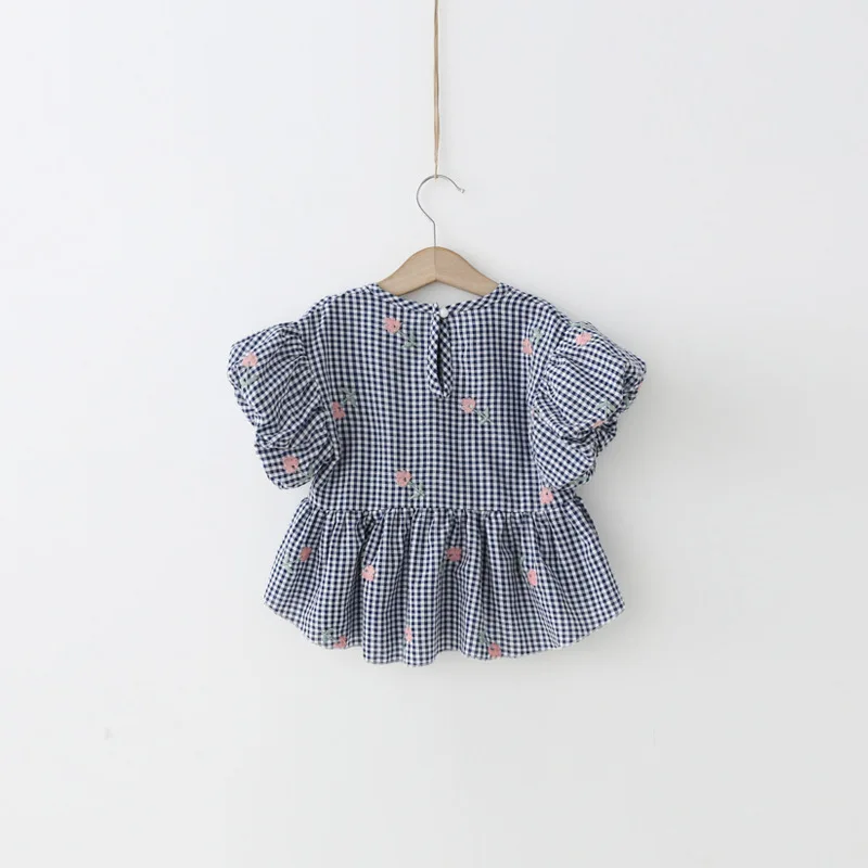 

2019 New Summer Item Girl CUTE Plaid Embroidery Flower Shirt