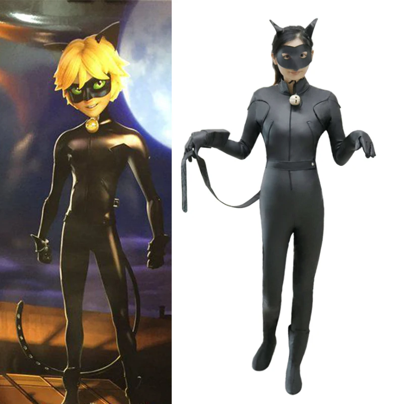 

Cat Noir Cosplay Costume Black Full Sleeves Jumpsuits Halloween Carnival Spandex Romper Bodysuit For Kids
