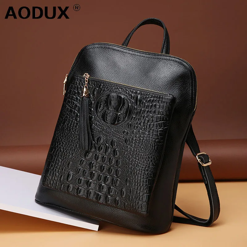 

Aodux Backpack 100% Genuine Leather Women's Backpacks Alligator Pattern Ladies Girl Crocodile Cowhide School Bag Mochilas Mujer