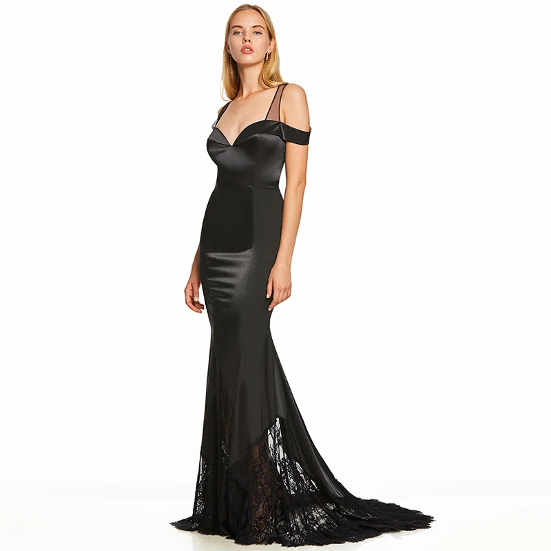 Tanpell straps evening dress black off the shoulder floor length sweep train gown cheap women formal long lace evening dresses