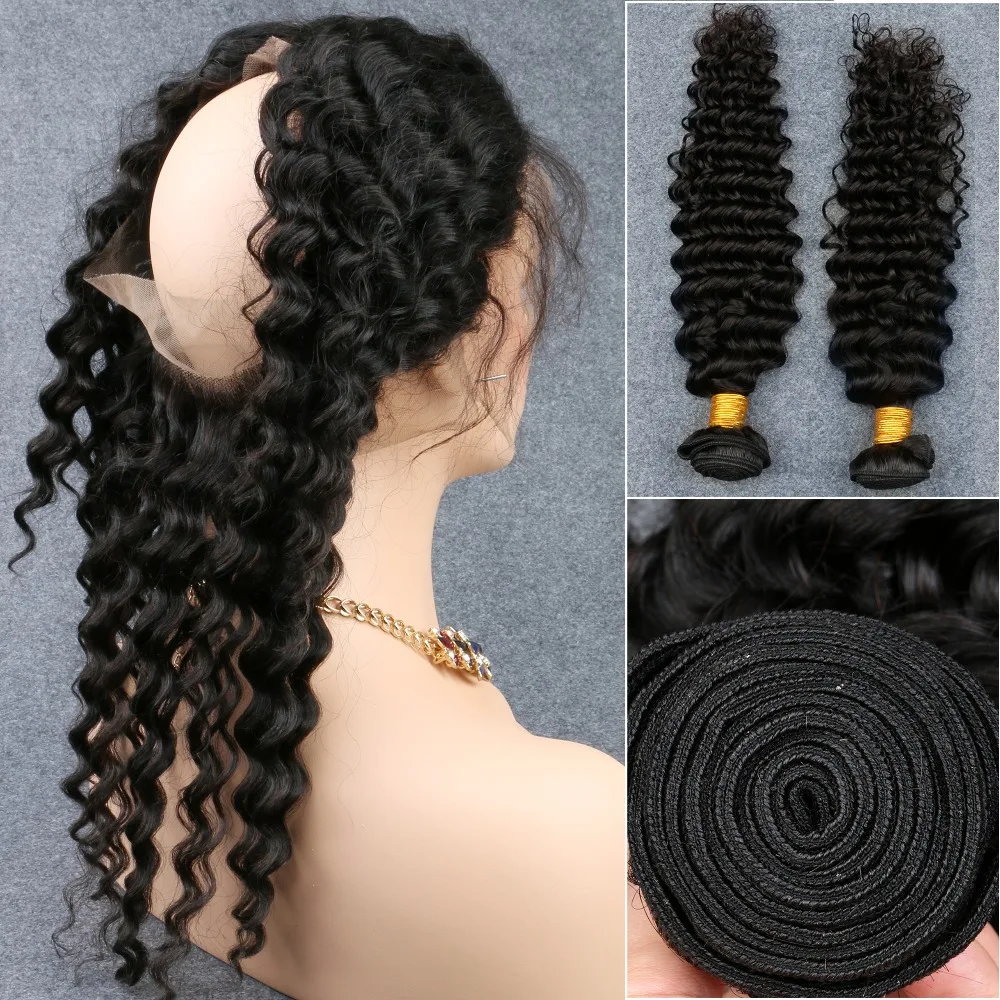 

8A Best 360 Lace Frontal Closure With 2/3Bundles Peruvian Deep Wave Lace Frontal With Bundle Deep Wave 100% Human Virgin Hair