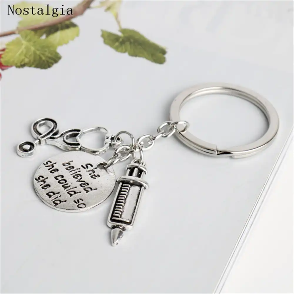 YouCY Stethoscope Key Chain Doctor Syringe Keychain Nurse Medical Keychain She Believed She Could So She Did Keychain Nurse Gift Letter Keychain