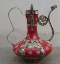 

design silver Superb Chinese red ceramic tea pot , Tibetan silver flagon tools wedding Decoration Brass