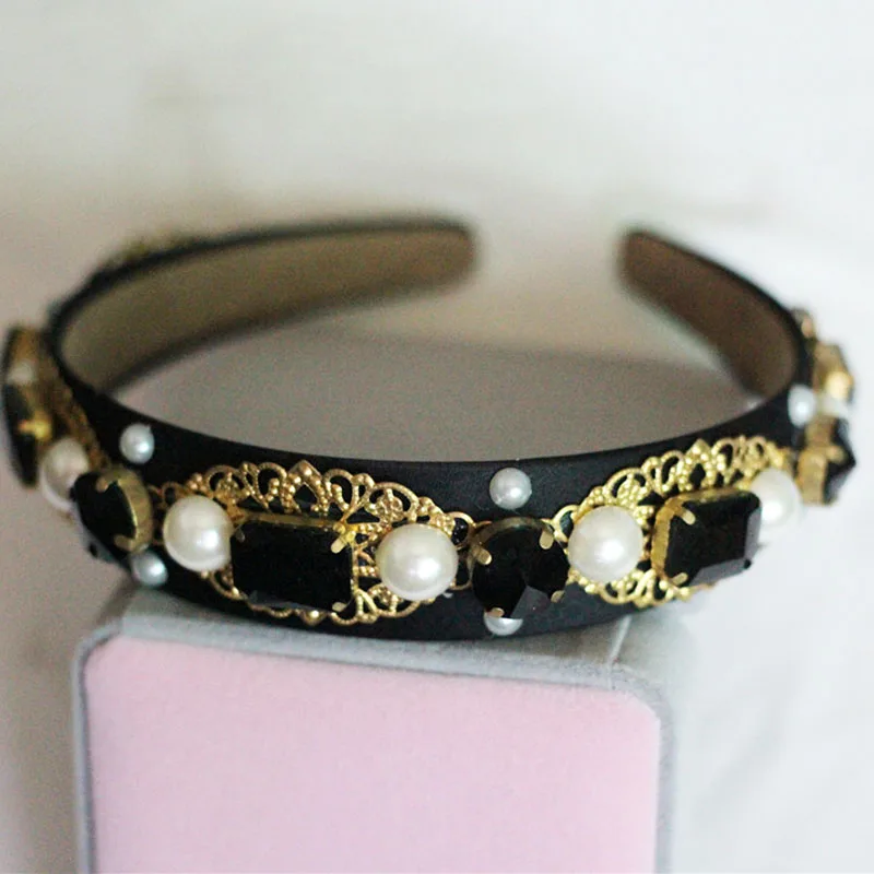 

2017 Vintage Baroque Golden Flower Black Crystal Headband Pearl Hair Jewelry For Women Wedding Party Hairwear Tiara Crown Gifts