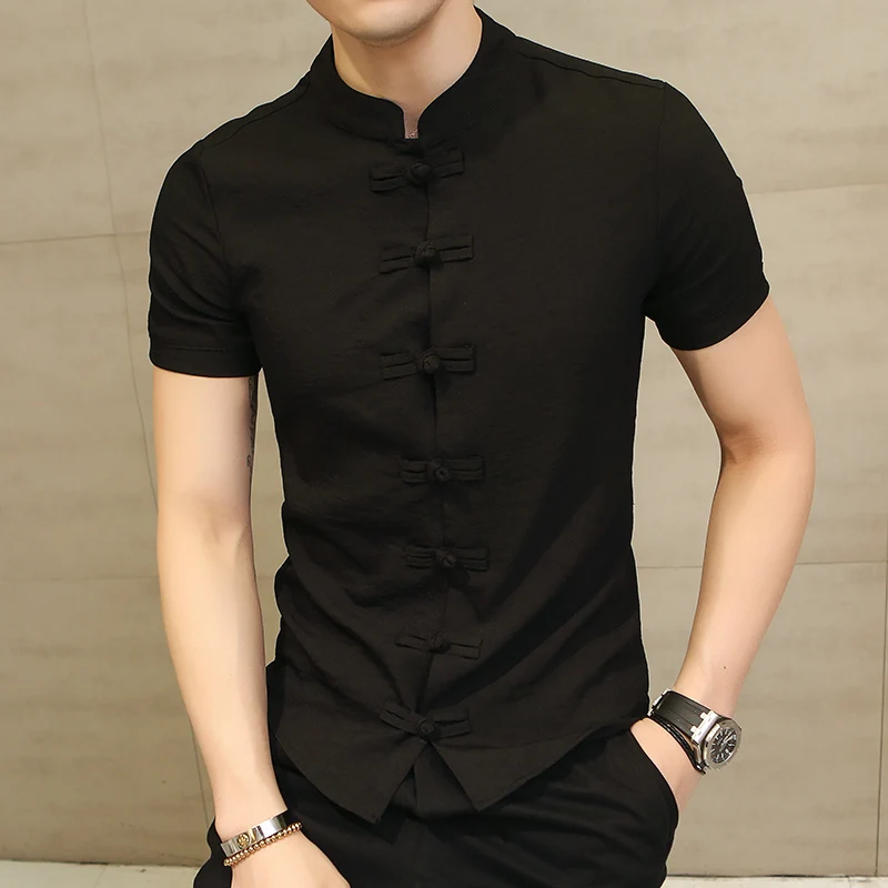 Льняные рубашки размера плюс, Мужская Уличная рубашка с воротником-стойкой, мужская рубашка с короткими рукавами, приталенная Китайская традиционная одежда 6XL