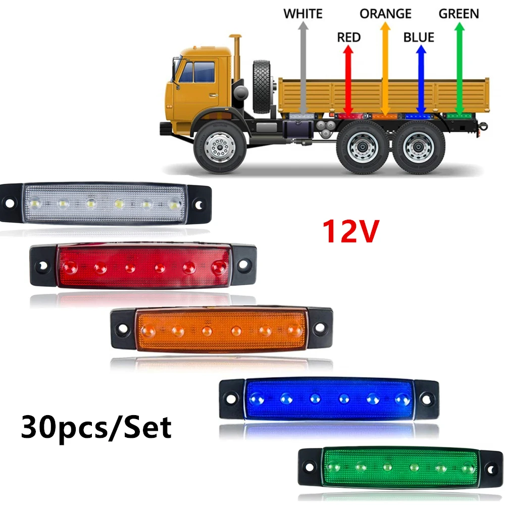 

Car Accessories 30pcs 12V 6Leds Led Truck Bus Boat Trailer Side Marker Indicators Light White Amber Red Blue Green Lamp Lights