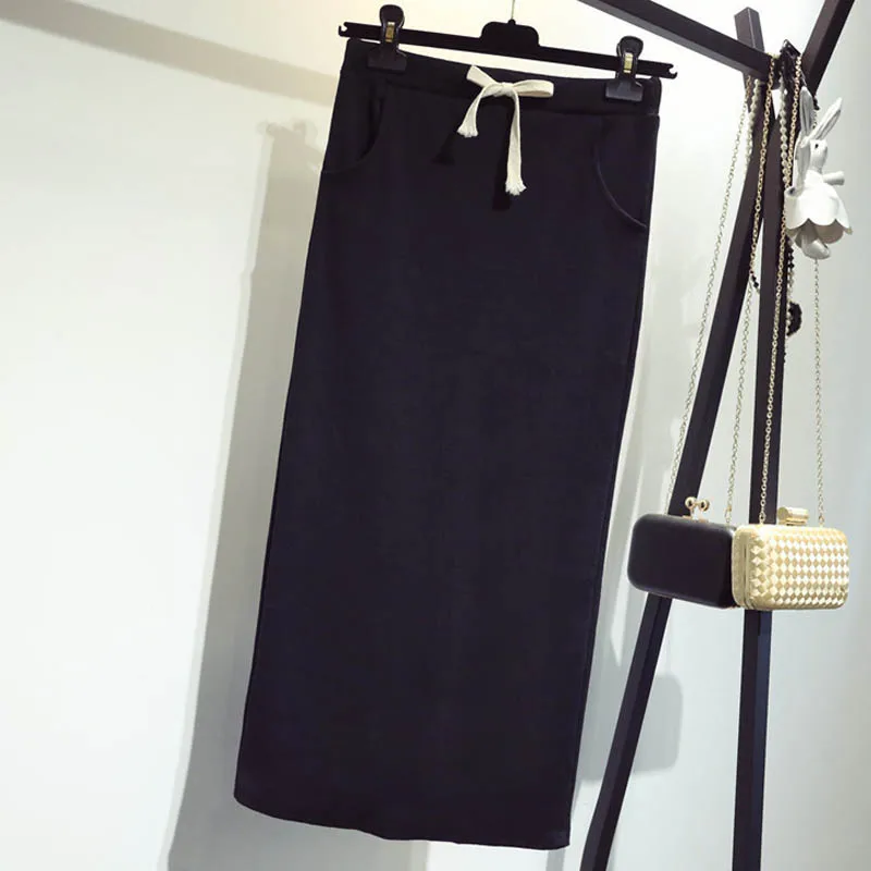 NORMOV/ осень-зима женские юбки черная трикотажная длинная юбка-карандаш с разрезом однотонная приталенная юбка с карманами на шнуровке с высокой талией